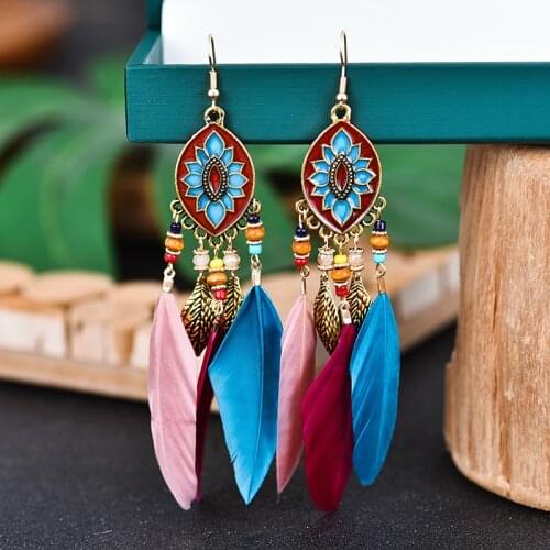 Feather Earrings Boho Style Rice Beads Earrings Water Drop Tassel Earrings Luxury Jewelry Earrings Trendy 2021