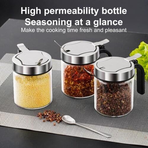 Glass Spice Box And Lid Integrated Sugar Jar Oil Pot Combination Stainless Steel Cover Seasoning Container For Kitchen Supplies