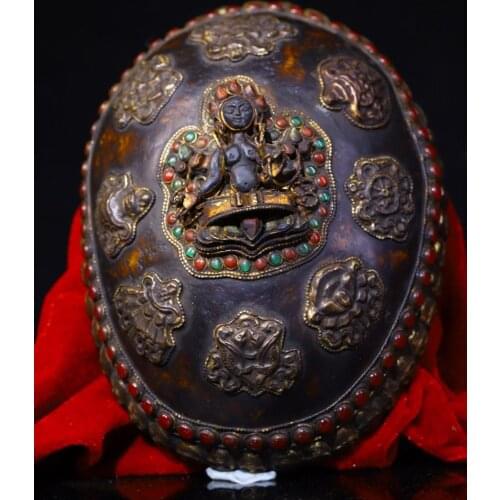 Tibet Buddhism Temple bronze Gem Natural lapis lazuli Green Tara Buddha Statue Eight treasures skull Bowl Kapala Cup Gabala Bowl