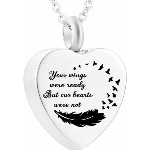 Your Wings Were Ready Our Hearts Were Not Ash Heart Pendant Cremation Jewelry Urn Necklace Feather Keepsake
