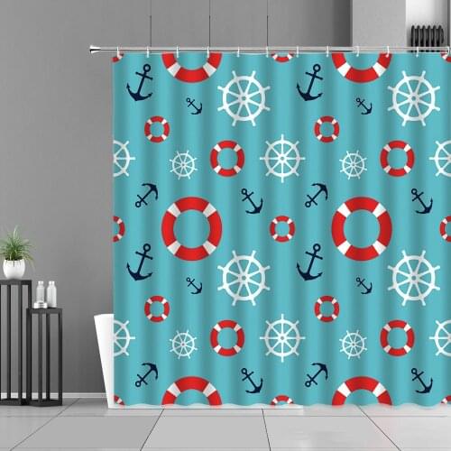Cartoon Nautical Anchor Shower Curtains Mediterranean Nordic Style Children Bath Curtain Waterproof Bathroom Screen Wall Cloth
