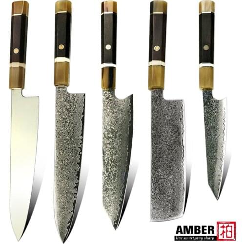 AMBER 8“ Chef Kiritsuke Cleaver Meat Vegetable 67 Layers Japanese Damascus Knife With Buffalo Horns And Black Ebony Handle Steel