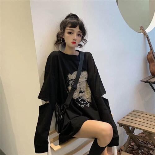2021 Autumn Spring New Women T Shirts Female Student Loose Long Sleeve Top Oversized Crewneck Sweatshirt Japanese Fashion Goth