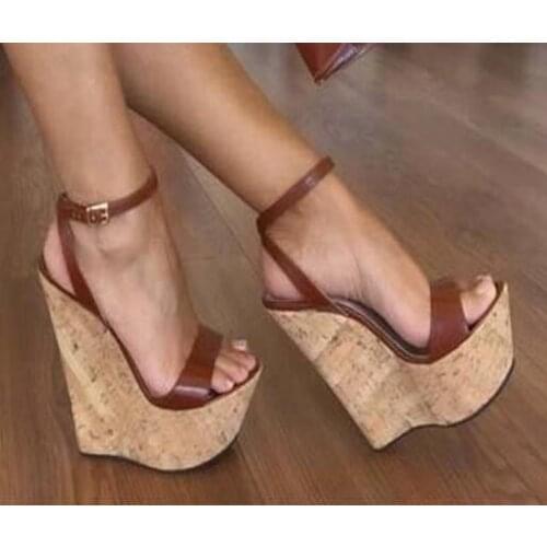 New super high wedge heel 15CM sandal 4.5CM high platform woman wedge sandal black brown color large size custom make 34~45