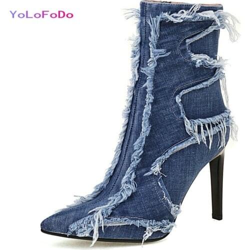 2021 Autumn Winter Women Ankle Boots Denim High Quality Ladies Thin High Heel Boots Fashion Pointed Toe Side Zipper Womens Boot