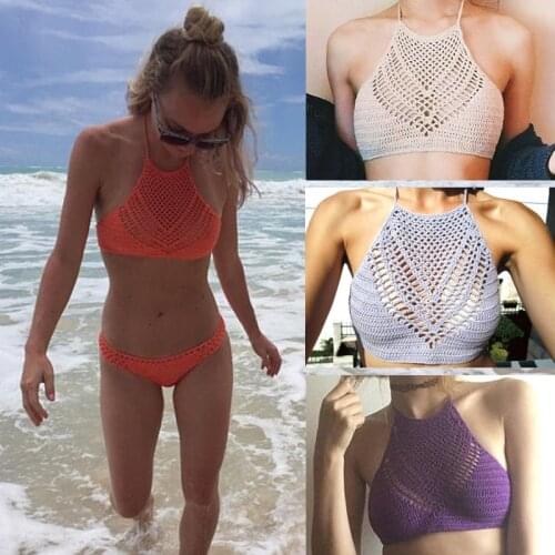 Womens Summer Hollow Out Crochet Crop Top Halter Neck Boho Ethnic Bikini Bra hot Solid Color Bandage Backless Sleeveless Knitted