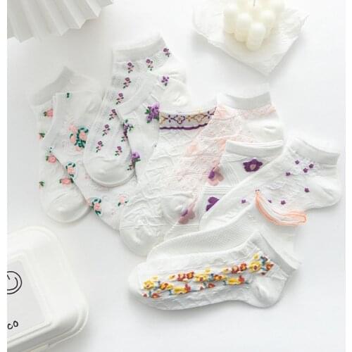 Women Girl Kawaii Socks Pack Ankle Harajuku Cute Cotton Skarpetkie Damski Bohemia Style Floral Invisible Flowers Socks