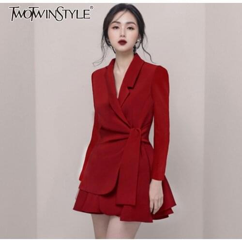 TWOTWINSTYLE Lace Up Two Piece Sets For Women V Neck Long Sleevet Suit Skirts Minimalist Suits Female 2020 Autumn Fashion New