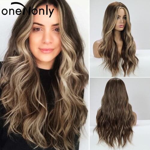 OneNonly Long Middle Part Wave Ombre Dark Brown Black Blonde Highlight Synthetic Wigs for Women Cosplay Natural Hair Daily Wig
