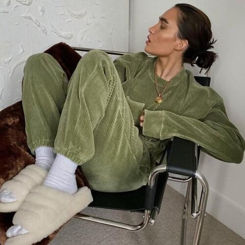 B-TOTO American Retro Green Corduroy Round Neck Sweater Suit Tide Ins Female Two-piece Suit 20201 New Fashion