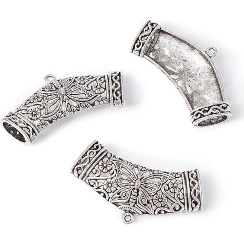DIY Tibetan Style Pendant Clasp Necklace Connector Bail Beads Curved Hollow with Flower Pattern Antique Silver Color