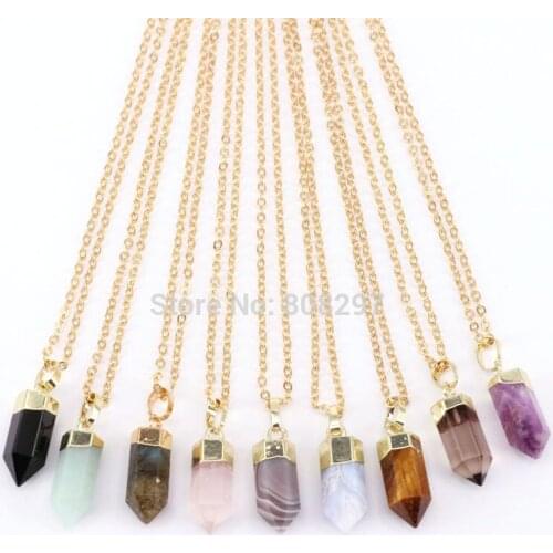 6Pcs Fashion Natural Multi-kind Stones Pendant Charms With Gold Chain Necklace