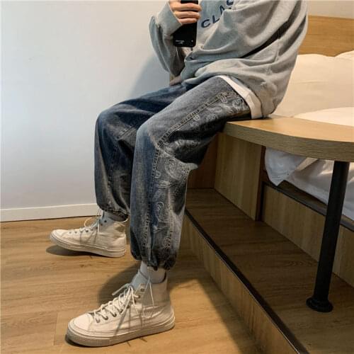 Loose Trousers Mens Washed Pants Student All-match Printed Pattern Pant Winter Casual Loose Straight Jeans Cotton Four Seasons