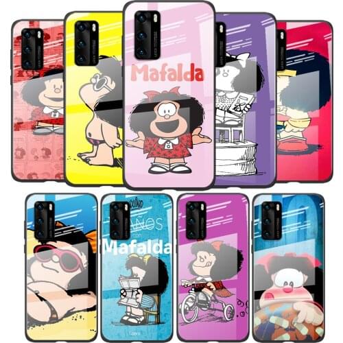 Tempered Glass Cover Cartoon Girl Mafalda For Huawei P40 P30 P20 P10 Pro Plus Lite 5G 2019 Shockproof Shell Phone Case