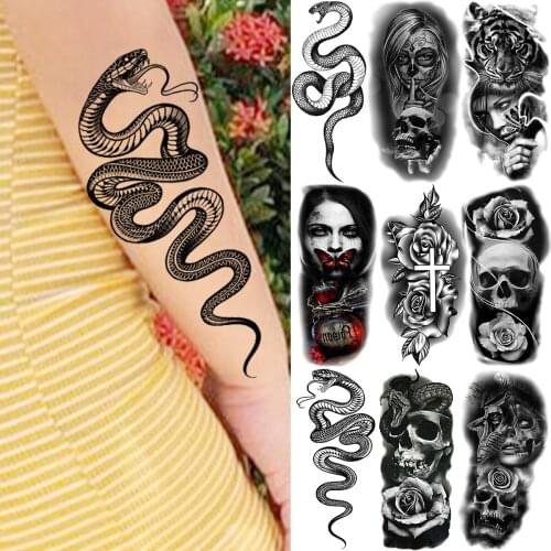 Black Snake Temporary Tattoos For Women Adults Vampire Tiger Skull Halloween Flower Fake Tattoo Sticker Tatoos Viper Serpent
