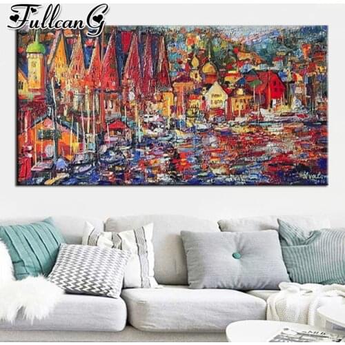 FULLCANG Abstract harbour landscape large diamond painting 5d diy full square round drill mosaic embroidery sale decor FC2843