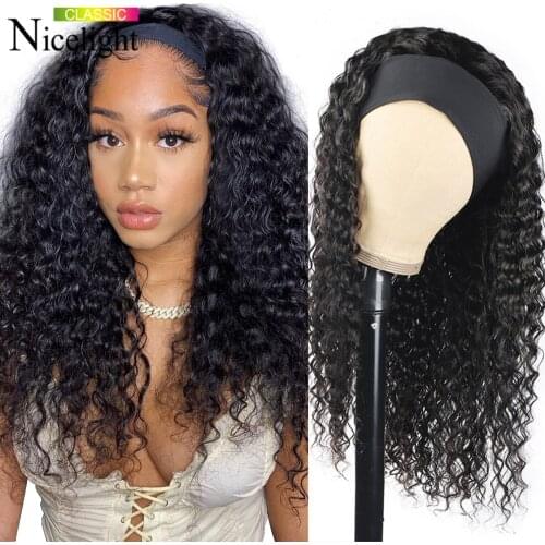 Headband Wigs Deep Wave Human Hair Wig Grip Headband Brazilian Curly Headband Wigs Glueless Remy Fit All Size Head Can Be Dyed