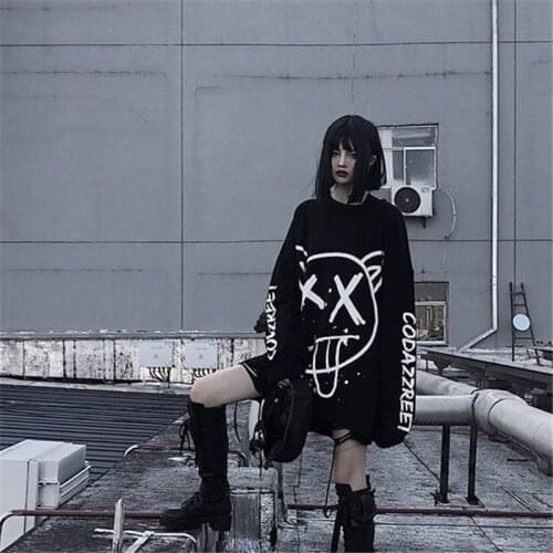 Cool women korean fashion oversized long sleeve t shirt hip hop punk streetwear girls tees Black Loose Long Sleeve T Shirt Males