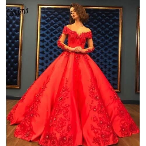 Red Ball Gown Prom Party Dresses Long Elegant Women Quinceanera Dress Heavy Beaded Crystal Deep Long Sleeve Sweet 16 Dresses