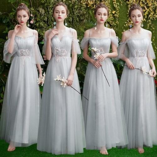 A Line Off the Shoulder Floor Length Gray Bridesmaid Dresses Appliques Pleats Backless Criss Cross Straps Elegant Wedding Gown