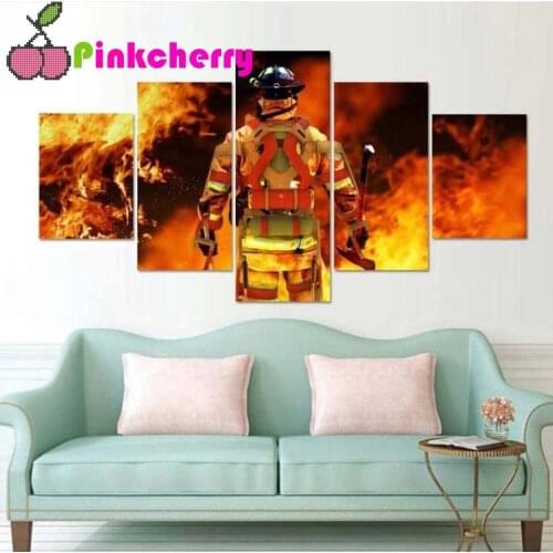 5 Pieces Diy Diamond Painting Firefighters Mosaic embroidery abstraction For Living Room home Art,Multi Panel k243
