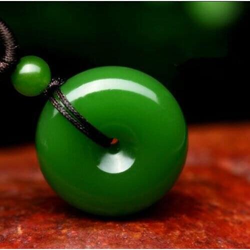 Natural Green Jade Doughnut Pendant Lucky Buckle Jadeite Necklace Charm Jewelry