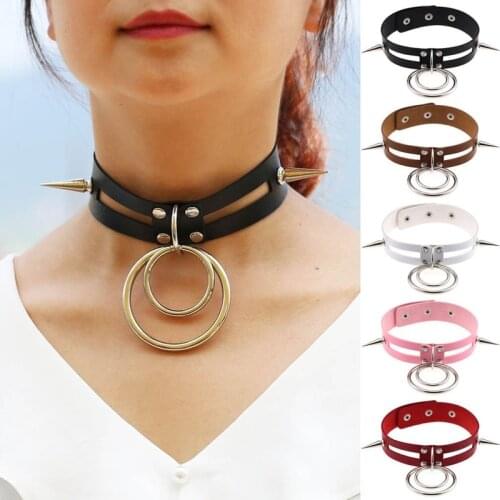 Goth Pink PU Leather Necklaces for Women Rivet Spike Punk Collar Chain Charm Neck Strap Gothic Girls Choker Sexy Body Jewelry