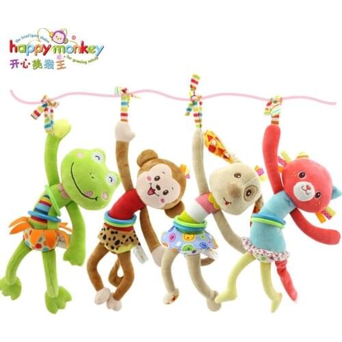 HAPPY MONKEY Animal Baby Soft Toy Ring Bell Baby Plush Rattle Cute Cartoon Dog /Frog /Monkey/ cat Plush pull shock baby Toy