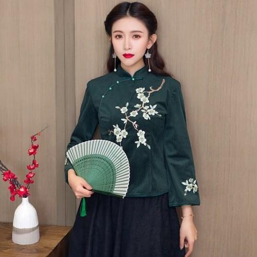 Cheongsam Tops Chinese Traditional Mandarin Collar Tang Coat Soft Velvet Chinese Style Clothing Women Spring Slim Blouse 12207