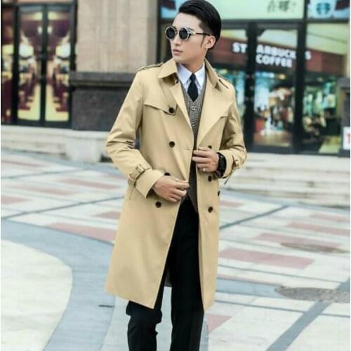 Beige mens trench coats man double breasted business casual long coat men clothes slim fit overcoat long sleeve new designer