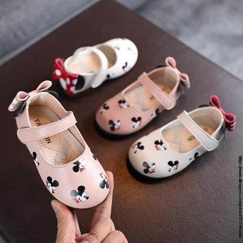 Disney Mickey Princess Flat Shoes For Baby Girls Fashion Children Pu Leather Dances Shoes Casual Bow Girls Elsa Soft Shoes