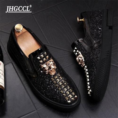 Gold Silver Luxury Men Casual Loafers Slip-on Lazy Prom Flats Wedding Party Dress Shoes Sapato Social Masculino A6