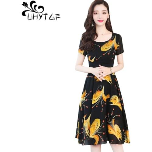 UHYTGF Womens summer dress fashion Chiffon printed beach dress large swing type loose dresses long elegant plus size dresses 936