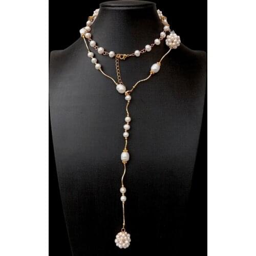 YYGEM natural Handmade Freshwater Cultured Pearl Ball White Pearl Handmade Pearl Ball Y-Drop Necklace 27"