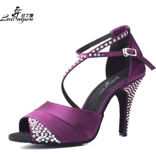 Ladingwu New Latin Dance Shoes Women Satin Collocation Rhinestone Purple/blue/Black Women Shoes Soft Bottom Salsa Dance Shoes