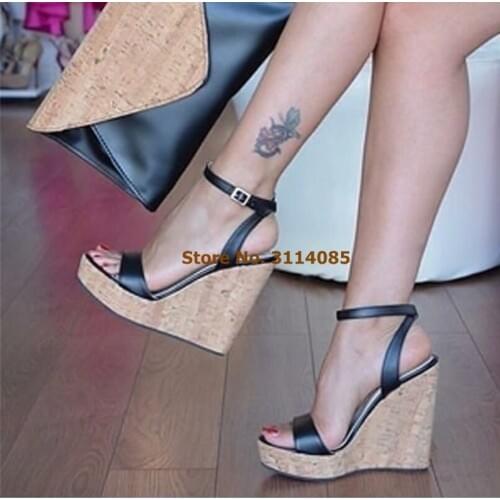 Women Elegant Wood Pattern Wedge Heel Platform Sandals Buckle Strap Sky High Heel Dress Shoes Banquet Pumps Red Black Nude Pumps