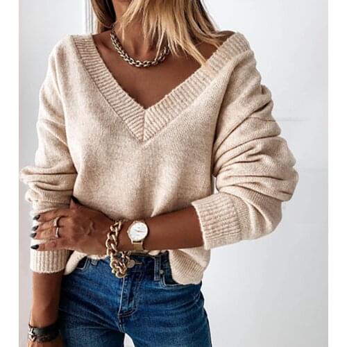 Women Fashion V-neck Solid Color Sweater Ladies Loose Temperament Simple Pullover Casual Long Sleeves Sweater Tops Pull Femme
