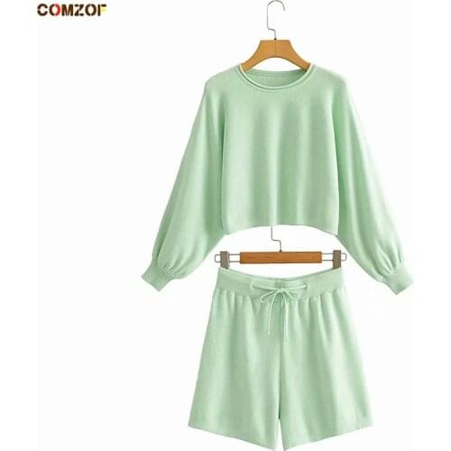 Sweaters+Shorts Women 2021 Autumn 2 Piece Sets Knitting High Waist Candy Color Clothing Pullover Suits Ensemble Femme