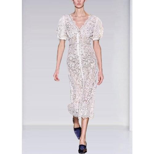 2020 Runway Summer Dress Womens Sexy Embroidery Dots Puff Sleeve Ruffles Shirt Dress Self Portrait Vestidos Lace Party Sundress