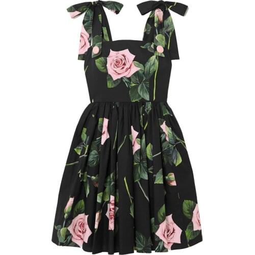 Fashion Designer Runway Flower Dress Summer Womens Mini Dress Rose Floral Print Spaghetti Strap Sundress Black Vacation Dresses