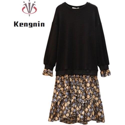 Plus Size 4XL Women T-Shirts Dresses 2021 Autumn Loose Lazy Ladies Vestidos Patchwork Print Floral Fake Two Piece Robe KE1658