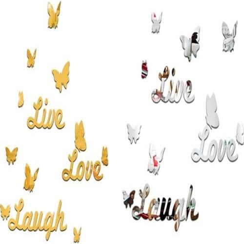 Live Love Laugh Butterfly 3D Acrylic Mirror Wall Sticker DIY Wall Sticker Removable Acylic Crystal Vinyl Mirror Home Wall Decor
