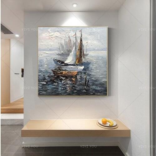 100％ Handmade Sea and Sailing Oil Painting Modern Large Abstract Canvas Art Oil Painting Wall Pictures For Living Room Unframed