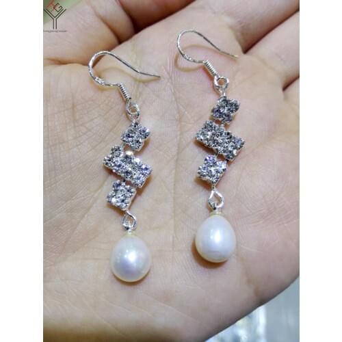 3 pairs / lot women Jewelry Earring 8mm white oval pearl shining rhinestone dangle hook earring highlight Freshwater pearl