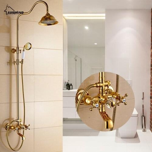 Antique Gold Brass Faucet Bathroom Shower Suit European Rain Head Retro Wall Mounted Shower Set Brass Bathroom Accessories Set