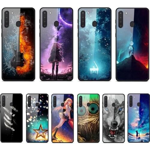 Case For Samsung Galaxy A21 Europe Version Phone Case Back Cover Black Silicone Bumper With Tempered Glass
