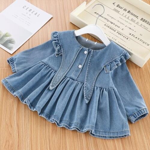 Children Baby Girl Autumn Outfit Solid Color Ruffle Doll-Collar Long-Sleeves Sweet Denim Dress with Pleated Bubble Hem Dress