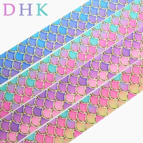 DHK 1.5'' 5yards mermaid fish scale printed grosgrain Ribbon Accessory hairbow headwear decoration DIY Wholesale 38mm E1581