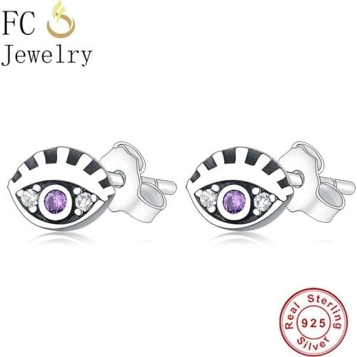 FC Jewelry 100% 925 Silver Evil Eye Purple Cubic Zirconia Piercing Stud Earring For Women Accessories Minimalist Brincos 2020
