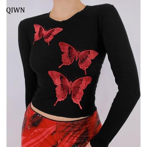 Butterfly Print Kawaii Graphic Y2K T Shirt Goth E Girl Streetwear Crop Top Women Long Sleeve O Neck Slim Black Baby Tee